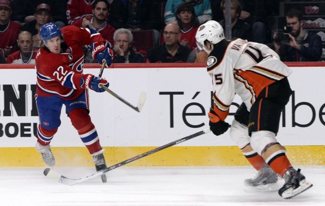 Dale Weise of the Montreal Canadiens and Sami Vatanen of the Anaheim Ducks