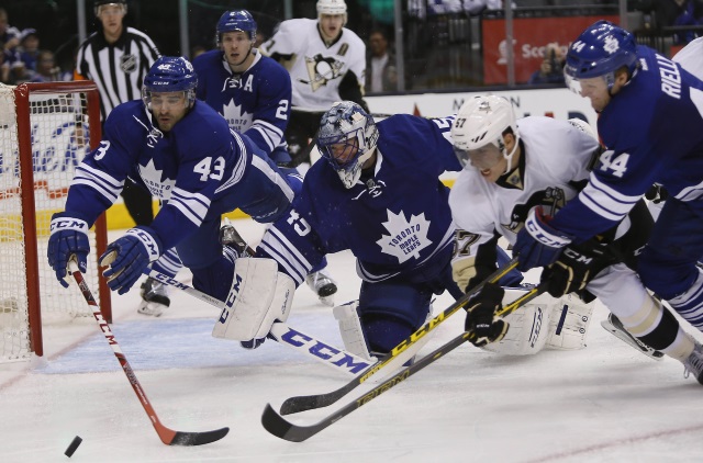 Morgan Rielly (Toronto Maple Leafs) against the Pittsburgh Penguins