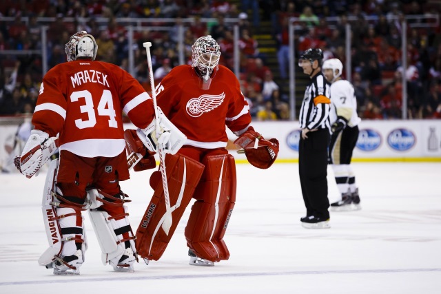 Jimmy Howard and Petr Mrazek of the Detroit Red Wings