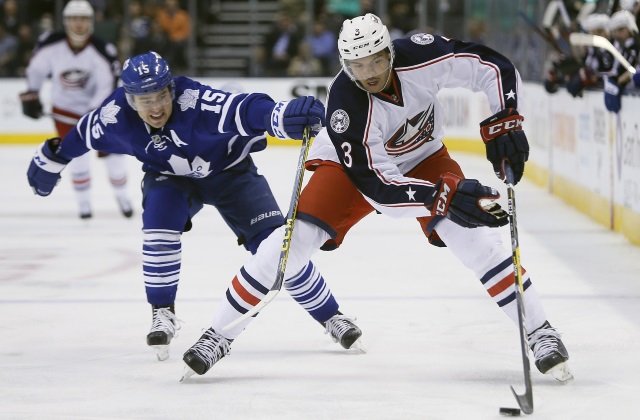 Seth Jones of the Columbus Blue Jackets and P.A. Parenteau of the Toronto Maple Leafs