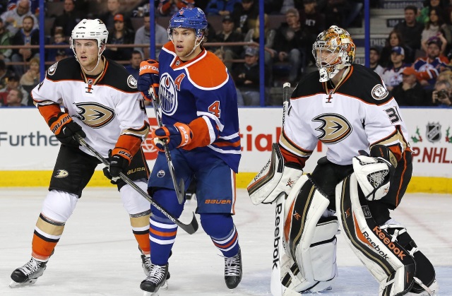 Cam Fowler of the Anaheim Ducks and Taylor Hall of the Edmonton Oilers