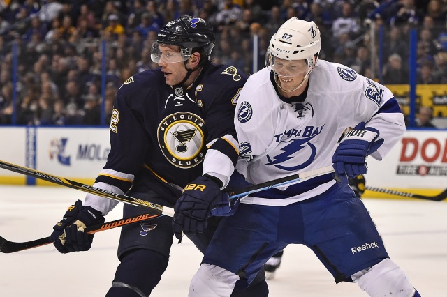 David Backes of the St. Louis Blues and Andrej Sustr of the Tampa Bay Lightning