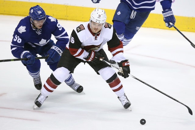 Max Domi of the Arizona Coyotes and Byron Froese of the Toronto Maple Leafs