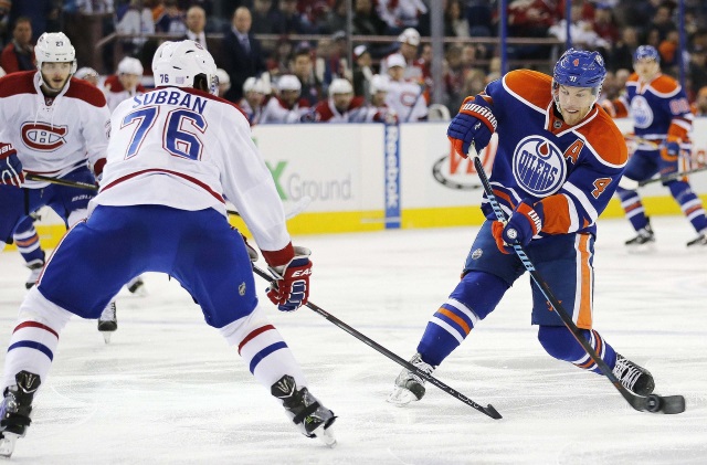 P.K. Subban of the Montreal Canadiens and Ryan Nugent-Hopkins of the Edmonton Oilers