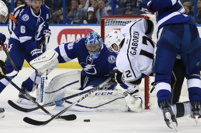 Ben Bishop of the Tampa Bay Lightning and Marian Gaborik of the Los Angeles Kings