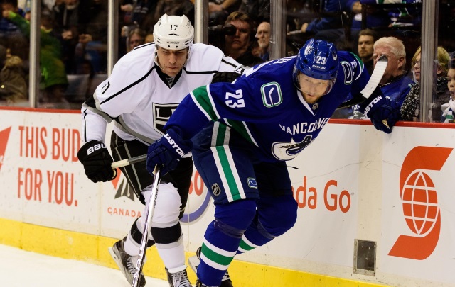 Milan Lucic of the Los Angeles Kings and Alexander Edler of the Vancouver Canucks