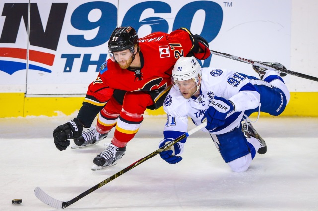 Steven Stamkos of the Tampa Bay Lightning and Dougie Hamilton of the Calgary Flames