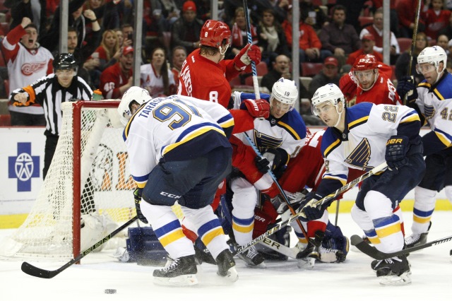 Kevin Shattenkirk of the Blues in front of the Detroit Red Wings net