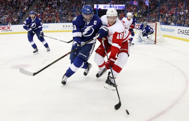 Steven Stamkos of the Tampa Bay Lightning and Joakim Andersson of the Detroit Red Wings