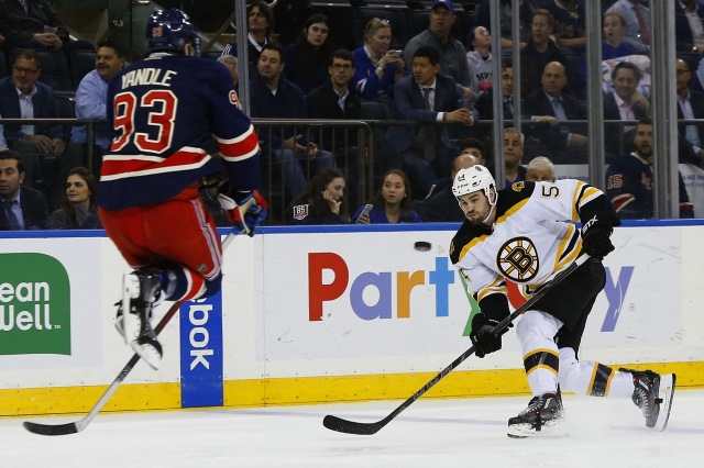 Keith Yandle of the New York Rangers and Adam McQuaid of the Boston Bruins