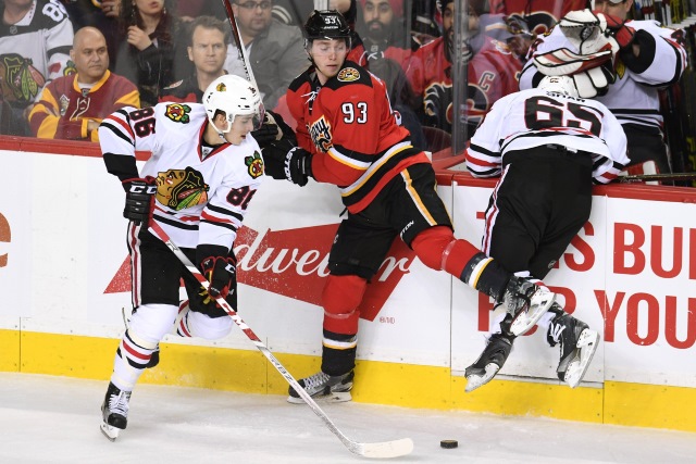 Andrew Shaw and Teuvo Teravainen of the Chicago Blackhawks