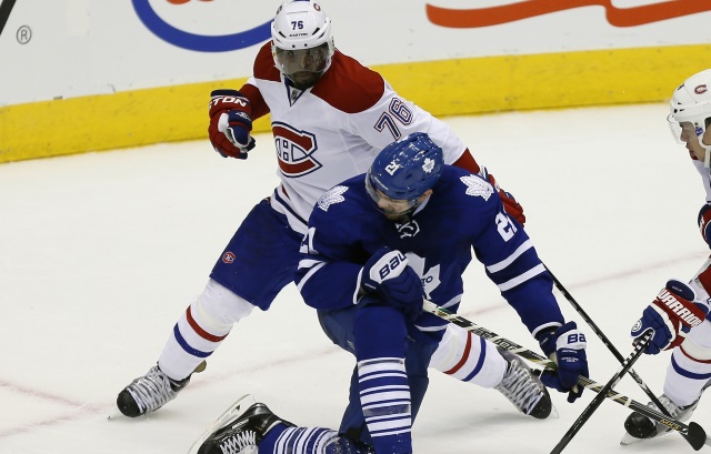 P.K. Subban then of the Montreal Canadiens and James van Riemsdyk of the Toronto Maple Leafs