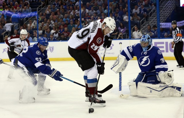 Nathan MacKinnon of the Colorado Avalanche and Ben Bishop of the Colorado Avalanche