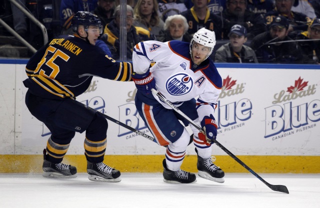 Rasmus Ristolainen of the Buffalo Sabres and Taylor Hall, formerly of the Edmonton Oilers