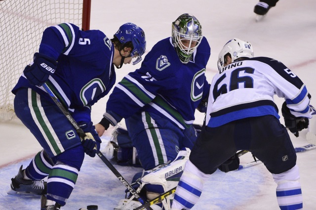 Jacob Markstrom and Dan Hamhuis of the Vancouver Canucks