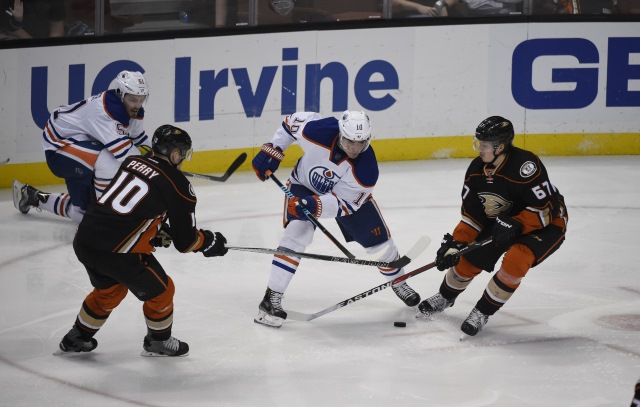 Corey Perry of the Anaheim Ducks and Nail Yakopov of the Edmonton Oilers