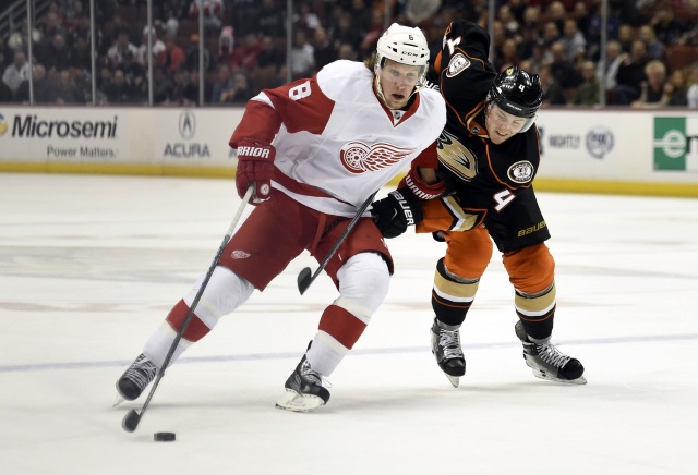 Cam Fowler of the Anaheim Ducks and Justin Abdelkader of the Detroit Red Wings