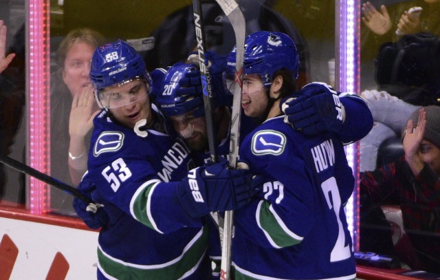 Bo Horvat and Ben Hutton of the Vancouver Canucks