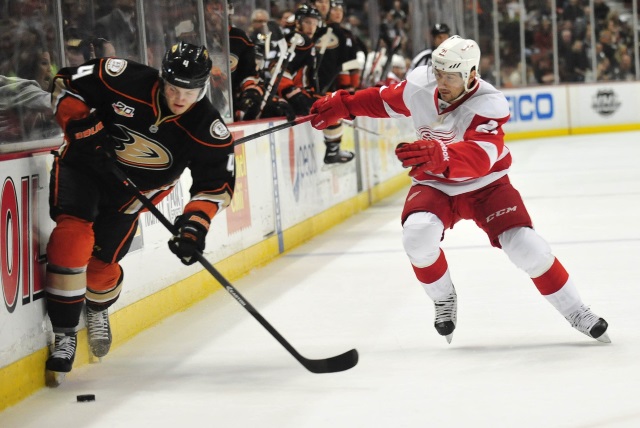 Cam Fowler of the Anaheim Ducks and Tomas Tatar of the Detroit Red Wings