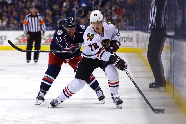 Artemi Panarin of the Chicaog Blackhawks and Cam Atkinson of the Columbus Blue Jackets