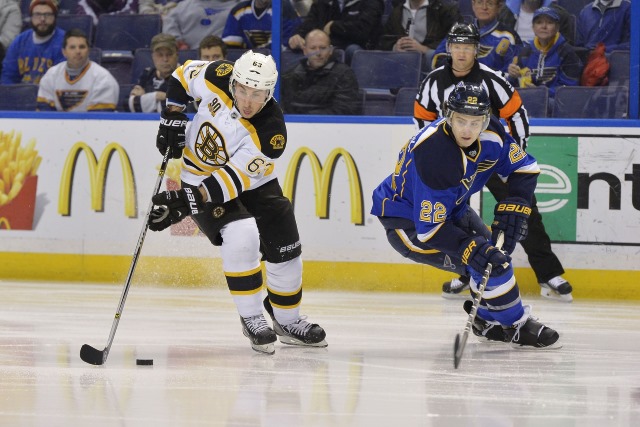 Kevin Shattenkirk of the St. Louis Blues and Brad Marchand of the Boston Bruins