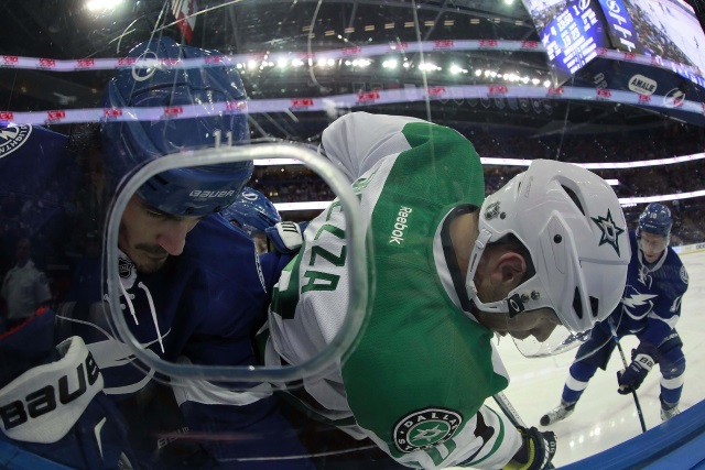 Brian Boyle of the Tampa Bay Lightning and Jason Spezza of the Dallas Stars