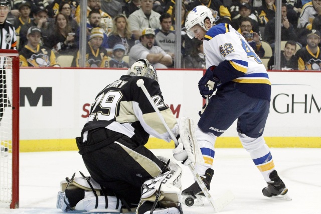 Marc-Andre Fleury of the Pittsburgh Penguins and David Backes, then of the St. Louis Blues