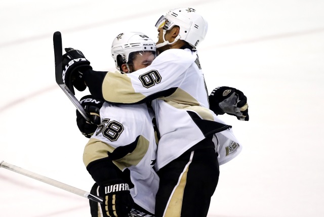 Kris Letang and Trevor Daley of the Pittsburgh Penguins