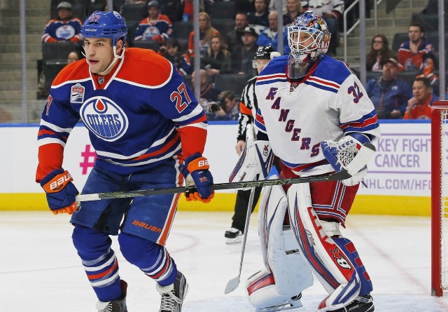 Milan Lucic of the Edmonton Oilers and Antti Raanta of the New York Rangers