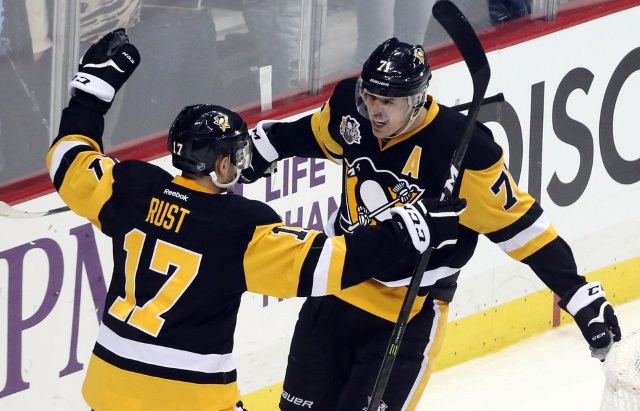 Bryan Rust and Evgeni Malkin of the Pittsburgh Penguins