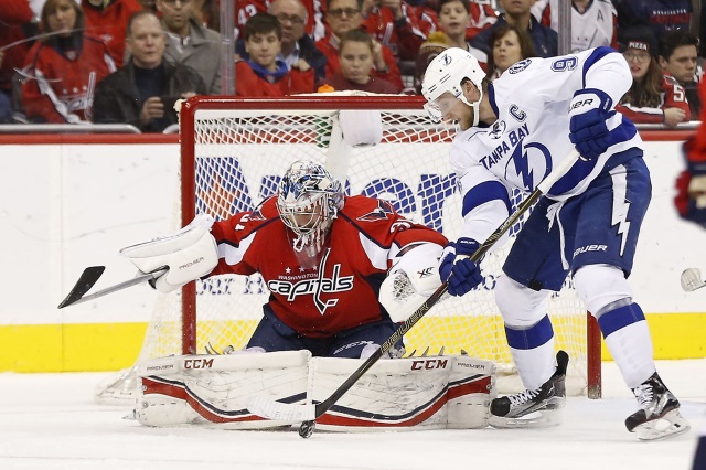 Steven Stamkos of the Tampa Bay Lightning and Phillip Grubauer of the Washington Capitals