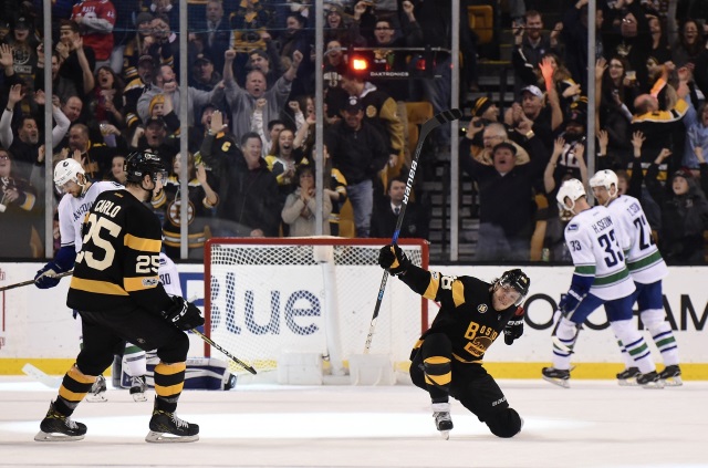 Boston Bruins David Pastrnak scoring the Vancouver Canucks