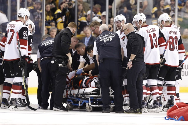 Arizona Coyotes Alex Burmistrov leaves the game on a stretcher, released from hospital