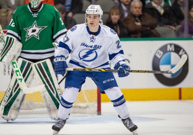 Tampa Bay Lightning Jonathan Drouin in front of the Dallas Stars net