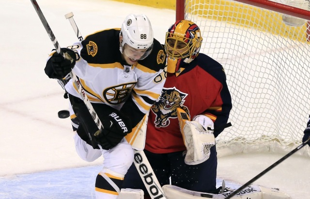 David Pastrnak of the Boston Bruins and Roberto Luongo of the Florida Panthers