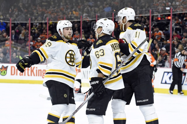 Matt Beleskey, Jimmy Hayes and Brad Marchand of the Boston Bruins