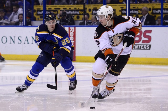 Paul Stastny of the St. Louis Blues and Sami Vatanen of the Anaheim Ducks