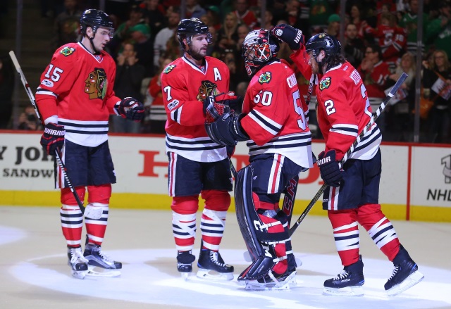 Brent Seabrook and Corey Crawford of the Chicago Blackhawks