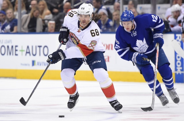 Jaromir Jagr of the Florida Panthers and Connor Brown of the Toronto Maple Leafs