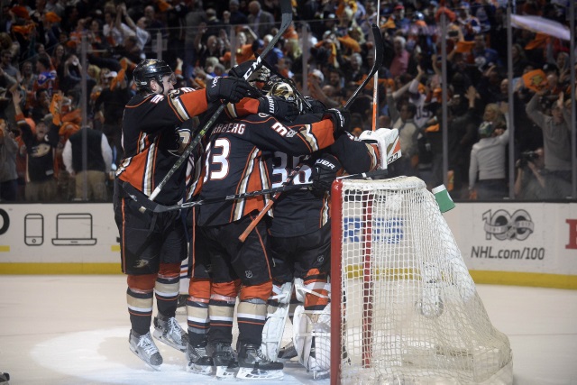 Anaheim Ducks celebrate after 2-1 win over the Edmonton Oilers