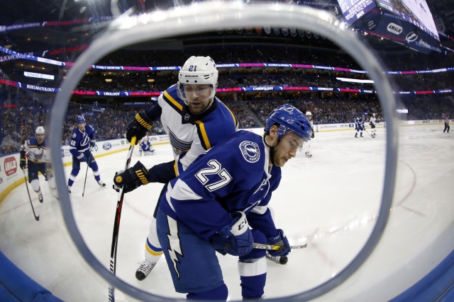 Jonathan Drouin of the Tampa Bay Lightning and Patrik Berglund of the St. Louis Blues