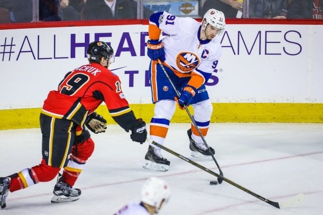John Tavares of the New York Islanders and Mathew Tkachuk of the Calgary Flames