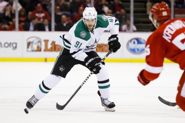 Tyler Seguin of the Dallas Stars and Niklas Kronwall of the Detroit Red Wings