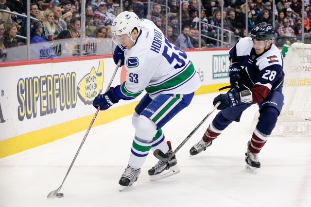 Bo Horvat of the Vancouver Canucks and Patrick Wiercioch of the Colorado Avalanche