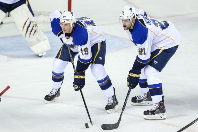Jay Bouwmeester and Patrik Berglund traveling with the St. Louis Blues, but won't play.