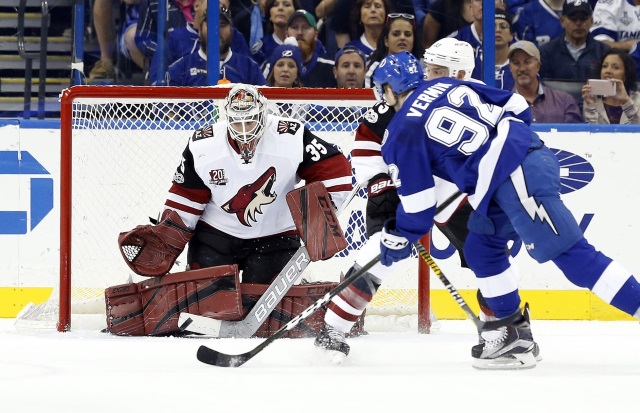 Lightning acquire goalie Domingue from Coyotes for Leighton, McGinn