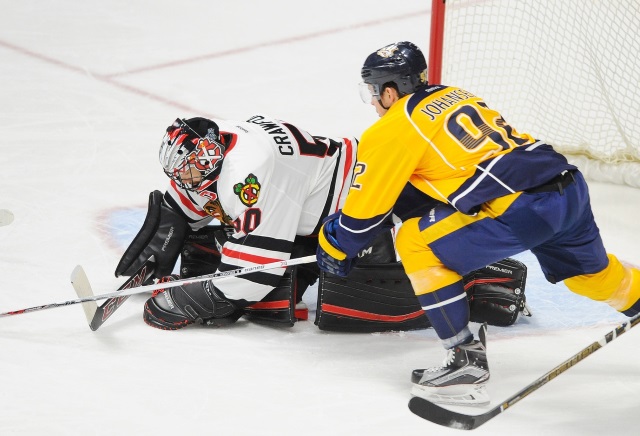 Corey Crawford could be done for the season. Ryan Johansen leaves game early after high hit.