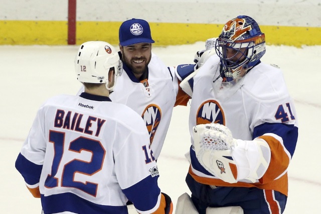 New York Islanders Josh Bailey, Jaroslav Halak and Thomas Greiss