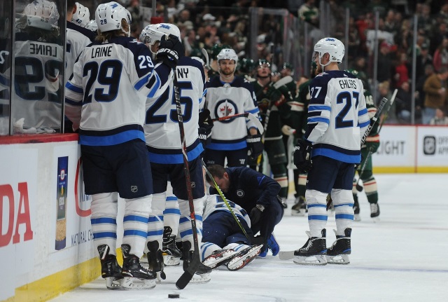Tyler Myers left early with a lower-body injury