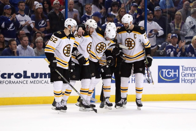 Boston Bruins forward David Backes need to be helped off after a hit from J.T. Miller.